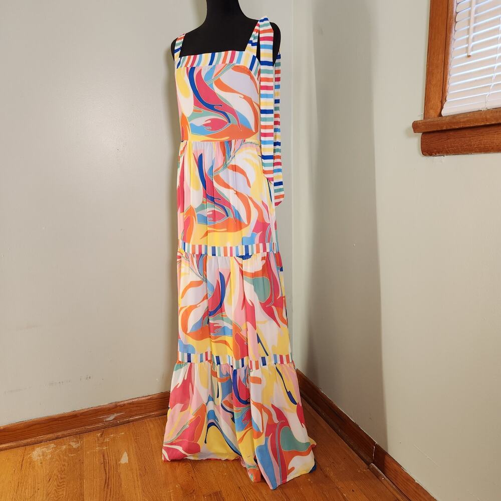 FLYING TOMATO Print and Stripes Tiered Maxi Dress with Tie Straps, Size Medium - Picture 6 of 15